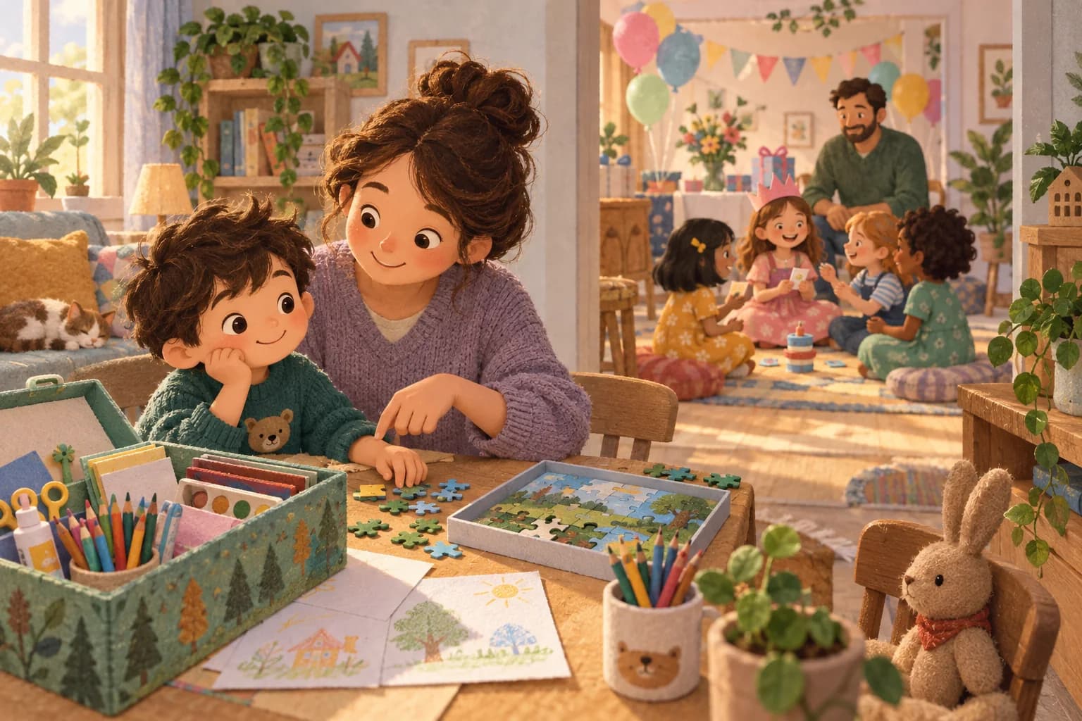 Un enfant prépare une activité avec sa mère pendant que sa grande sœur fête son anniversaire avec ses amis.