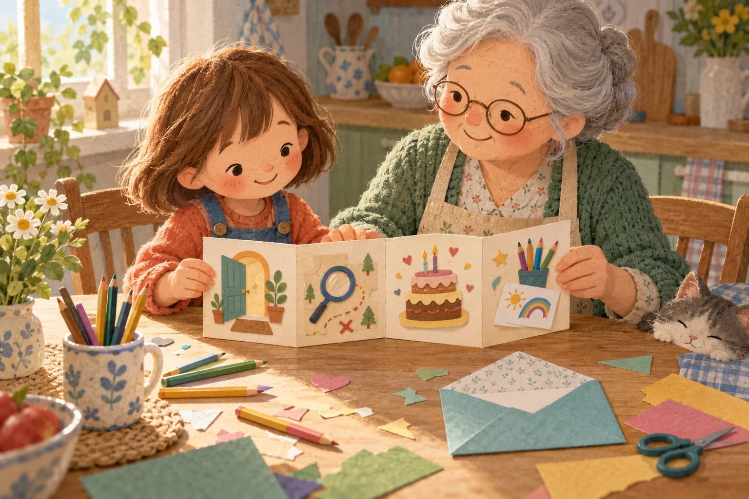 Un enfant et sa grand-mère fabriquent une carte cadeau illustrant le programme d’un anniversaire.