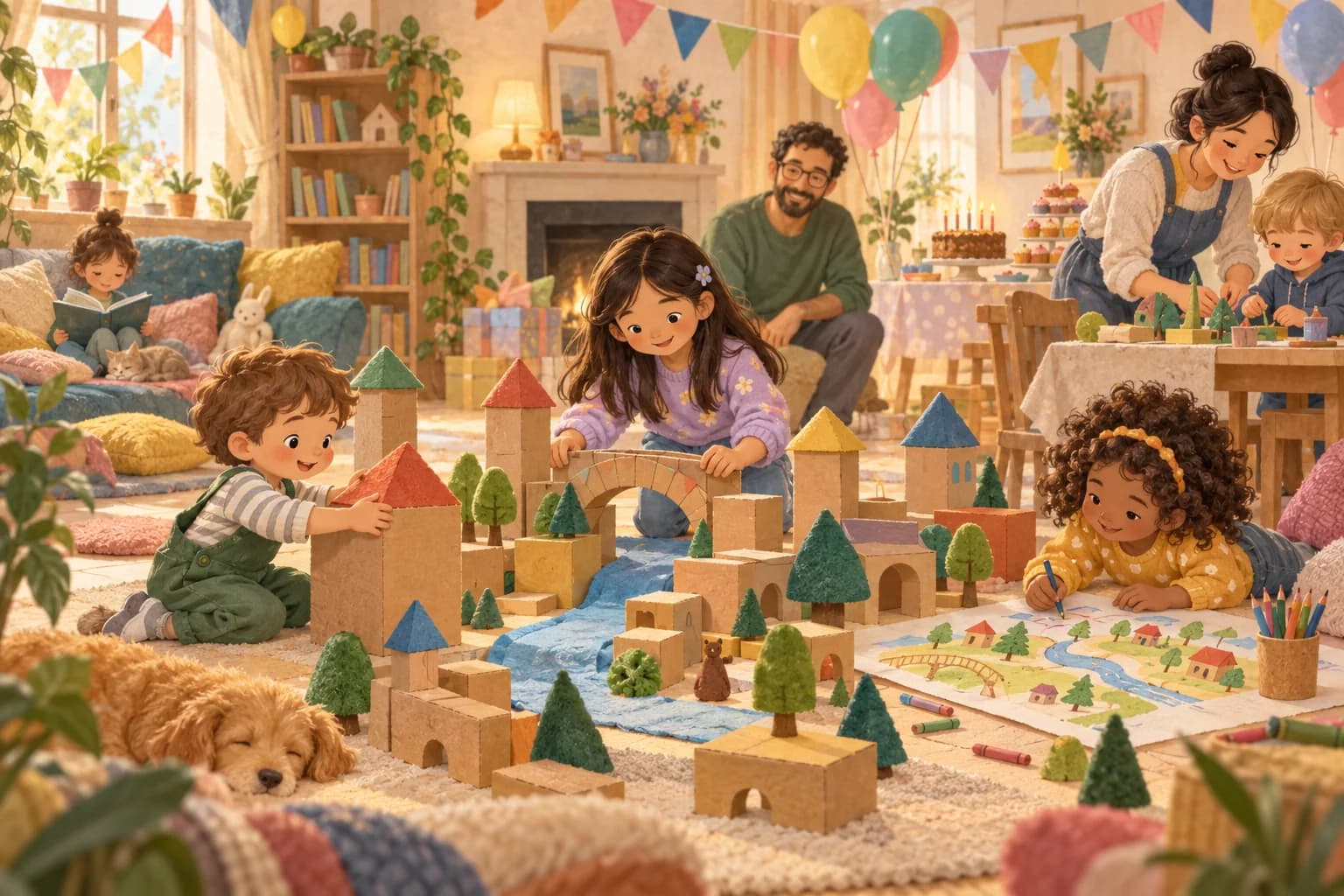 Des enfants de 3 à 12 ans construisent ensemble un village en carton pendant un anniversaire, avec deux adultes à proximité.