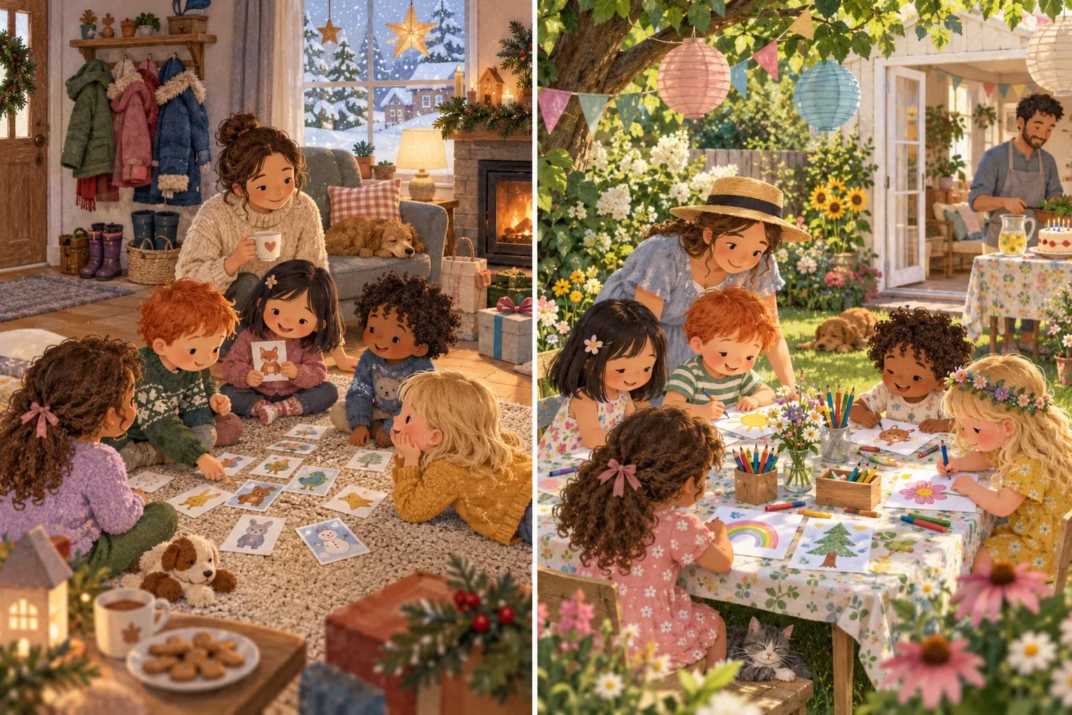 Un anniversaire en hiver dans un salon et un anniversaire d’été dans un jardin ombragé, avec des jeux adaptés.