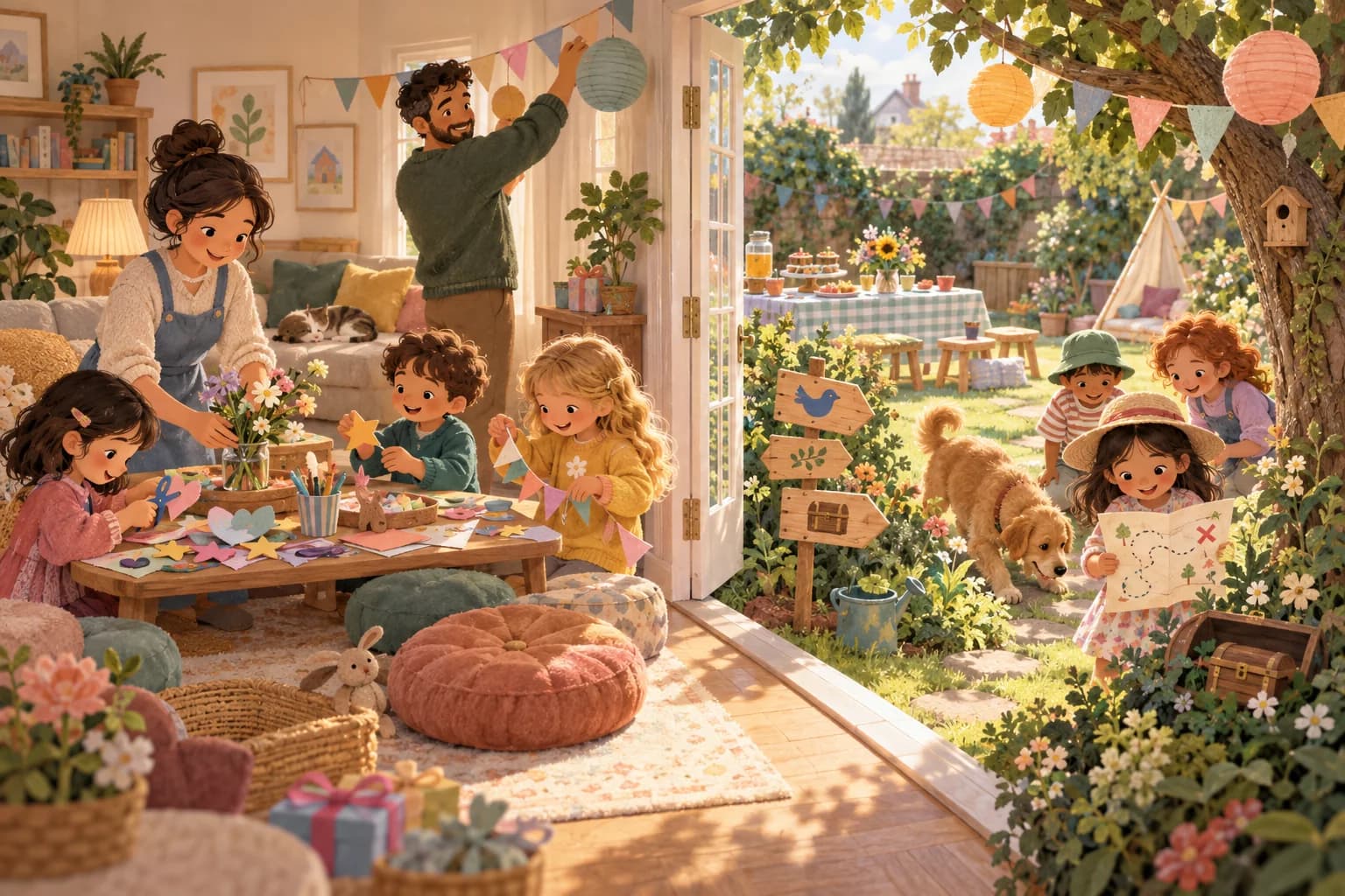 Des enfants préparent un anniversaire entre un salon aménagé pour jouer et un jardin avec une chasse au trésor.