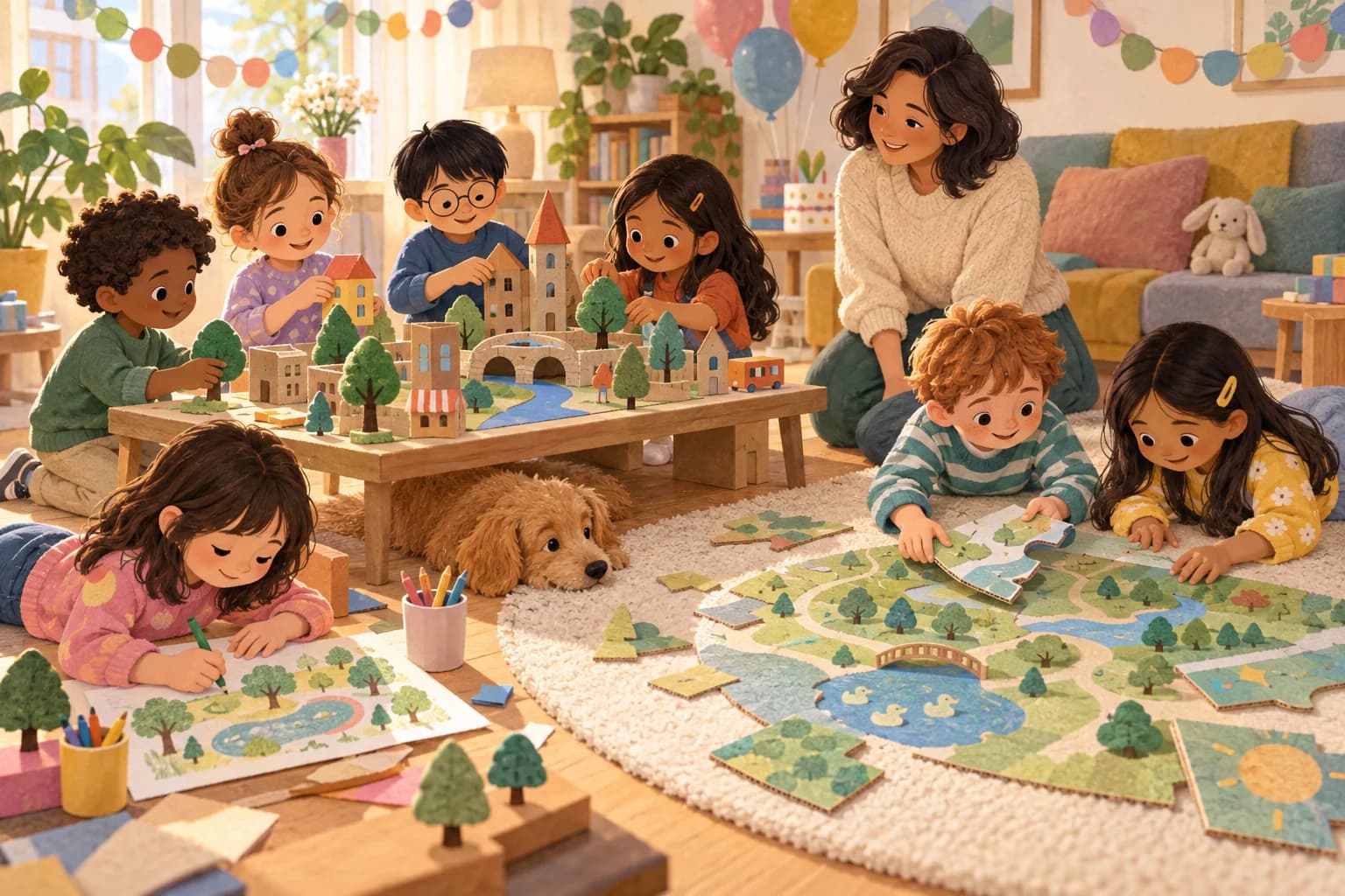 Des filles et des garçons construisent une ville en carton et assemblent une carte pendant un anniversaire.