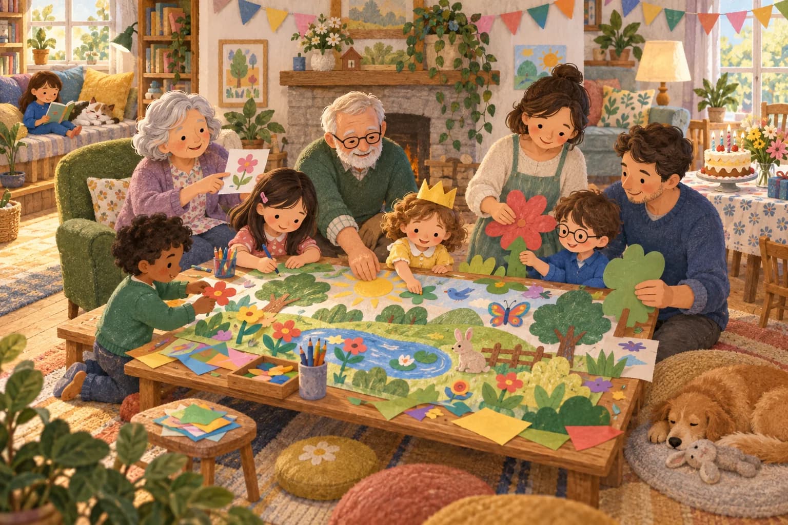 Enfants de plusieurs âges, parents et grands-parents créant une fresque ensemble pendant un anniversaire familial.