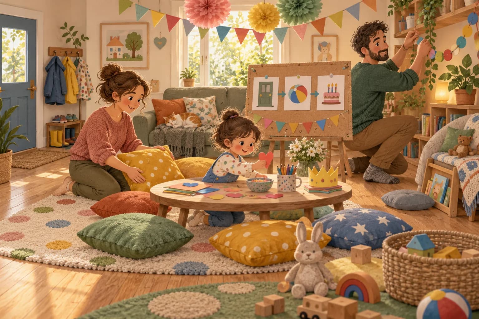 Un enfant prépare son premier anniversaire avec son père et sa mère dans un salon aménagé pour les jeux.