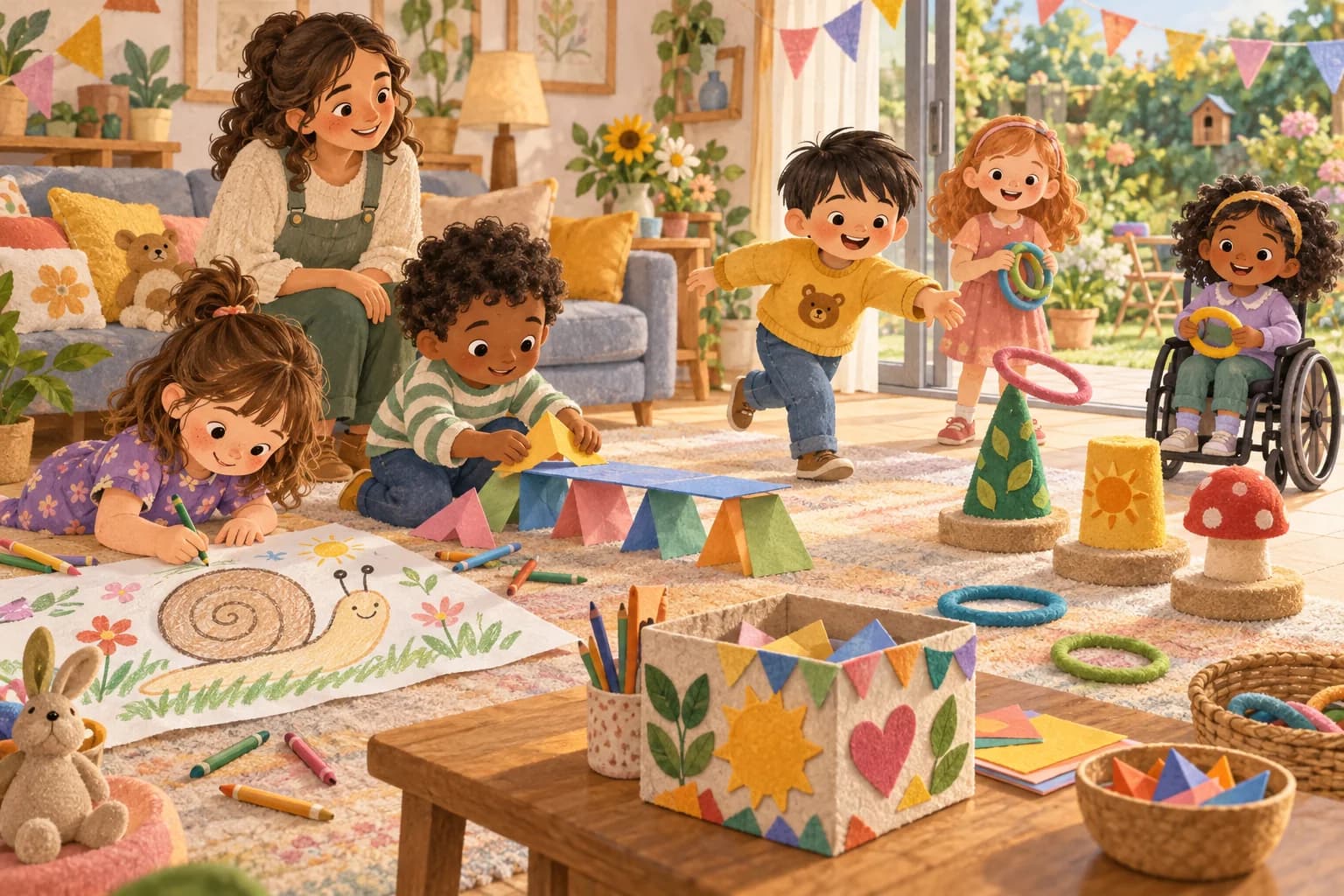 Des enfants dessinent, construisent un pont en papier et jouent au lancer d’anneaux pendant un anniversaire sans écran.