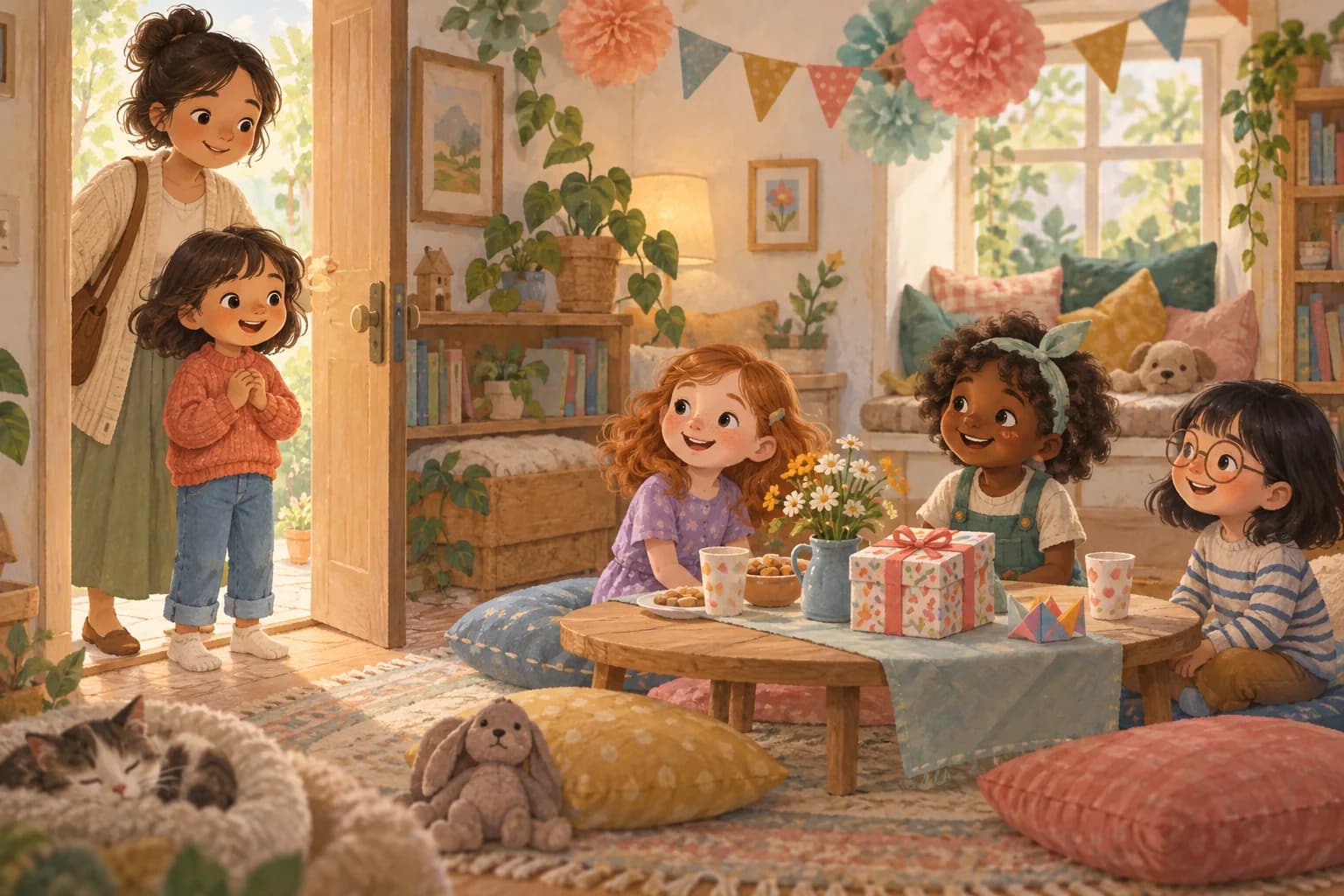 Un enfant découvre une petite fête surprise avec sa mère, tandis que trois amis l’accueillent calmement.