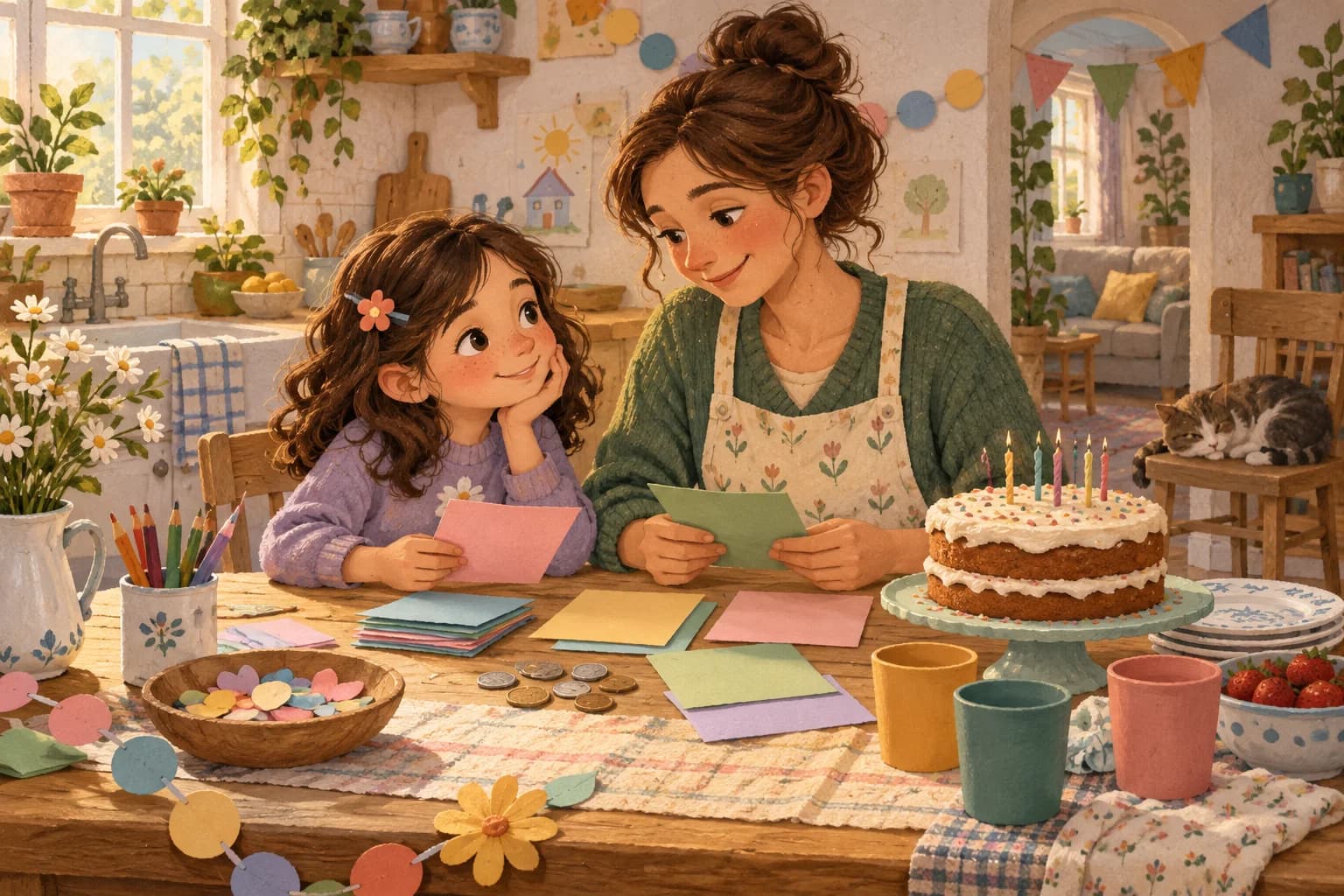 Une mère et son enfant préparent une fête à petit budget avec des cartes colorées et du matériel réutilisable.