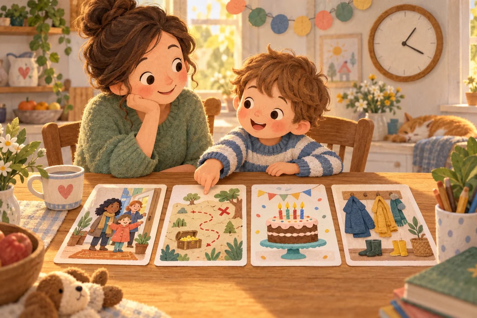 Une mère et son enfant organisent les moments d'un anniversaire avec des cartes illustrées.