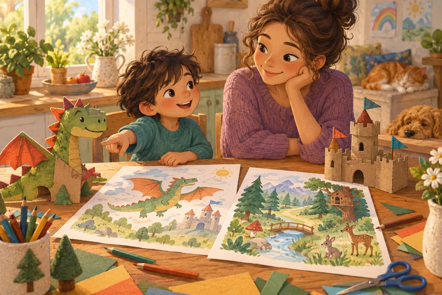 Un enfant et sa maman choisissent un thème d’anniversaire à l’aide de dessins et d’un dragon en carton.