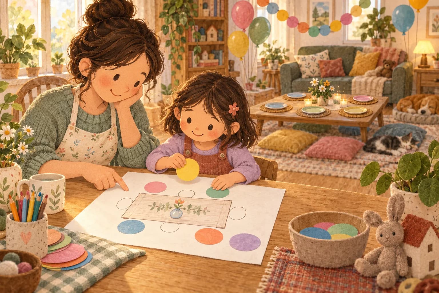Une mère et son enfant organisent les places d’une petite fête avec des ronds de papier.