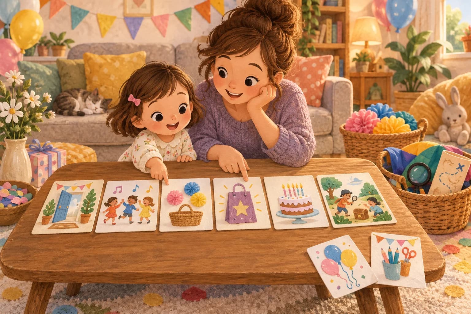 Une mère et son enfant organisent les jeux d’anniversaire avec des cartes illustrées.