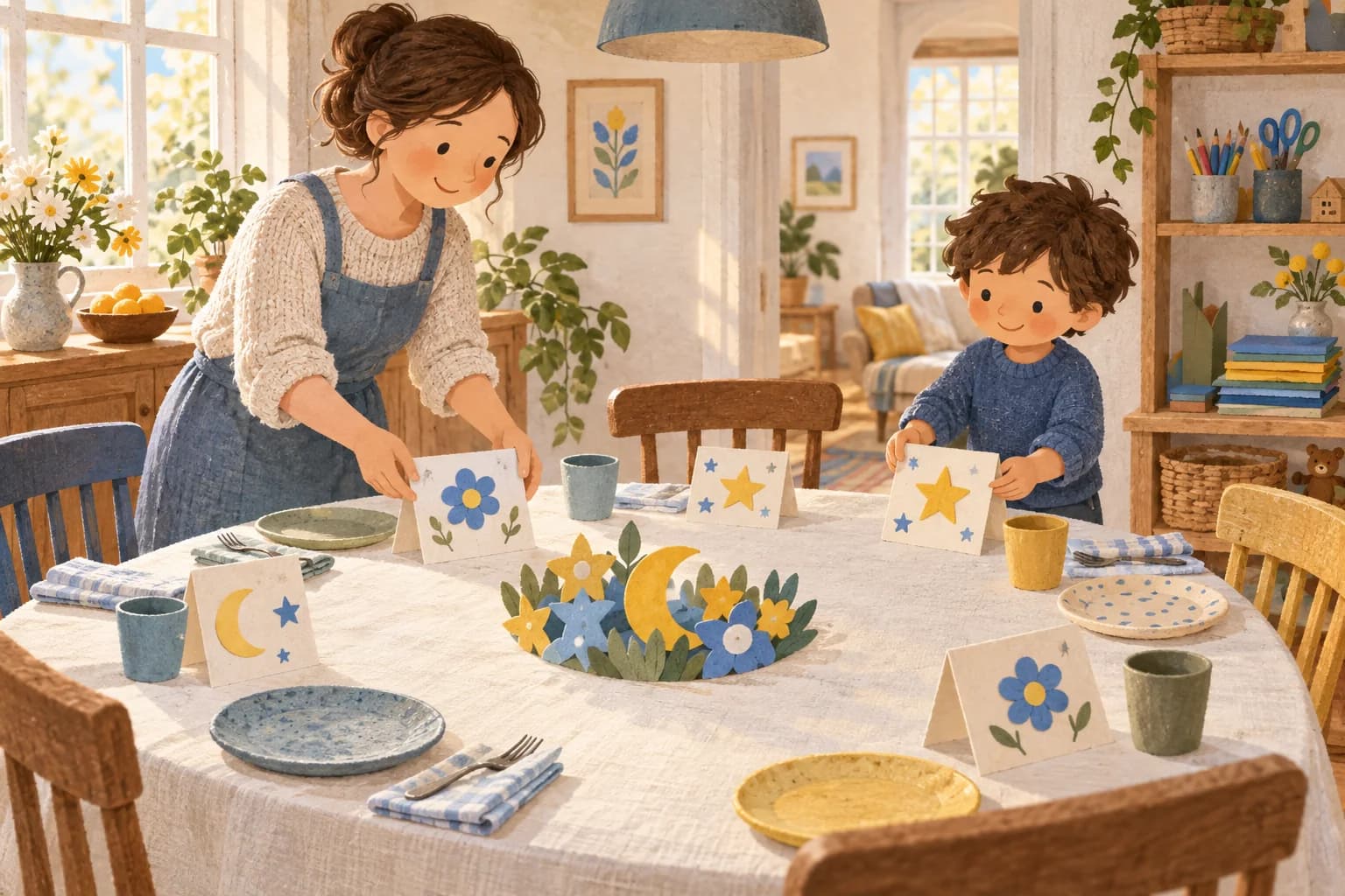 Une mère et un enfant décorent une table d’anniversaire avec des cartes en papier bleues et jaunes et de la vaisselle réutilisable.