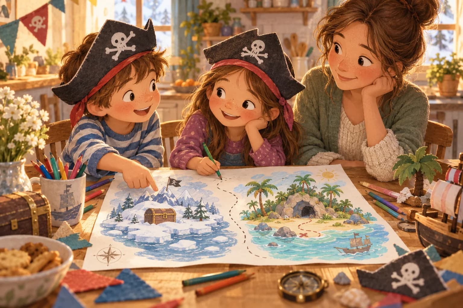 Deux enfants et leur mère dessinent deux aventures de pirates différentes pour leurs anniversaires.