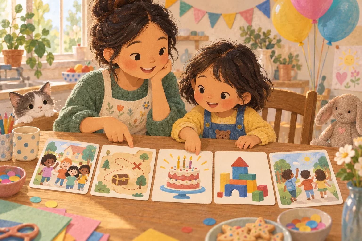 Une mère et son enfant organisent les étapes d'un anniversaire à l'aide de cartes illustrées.