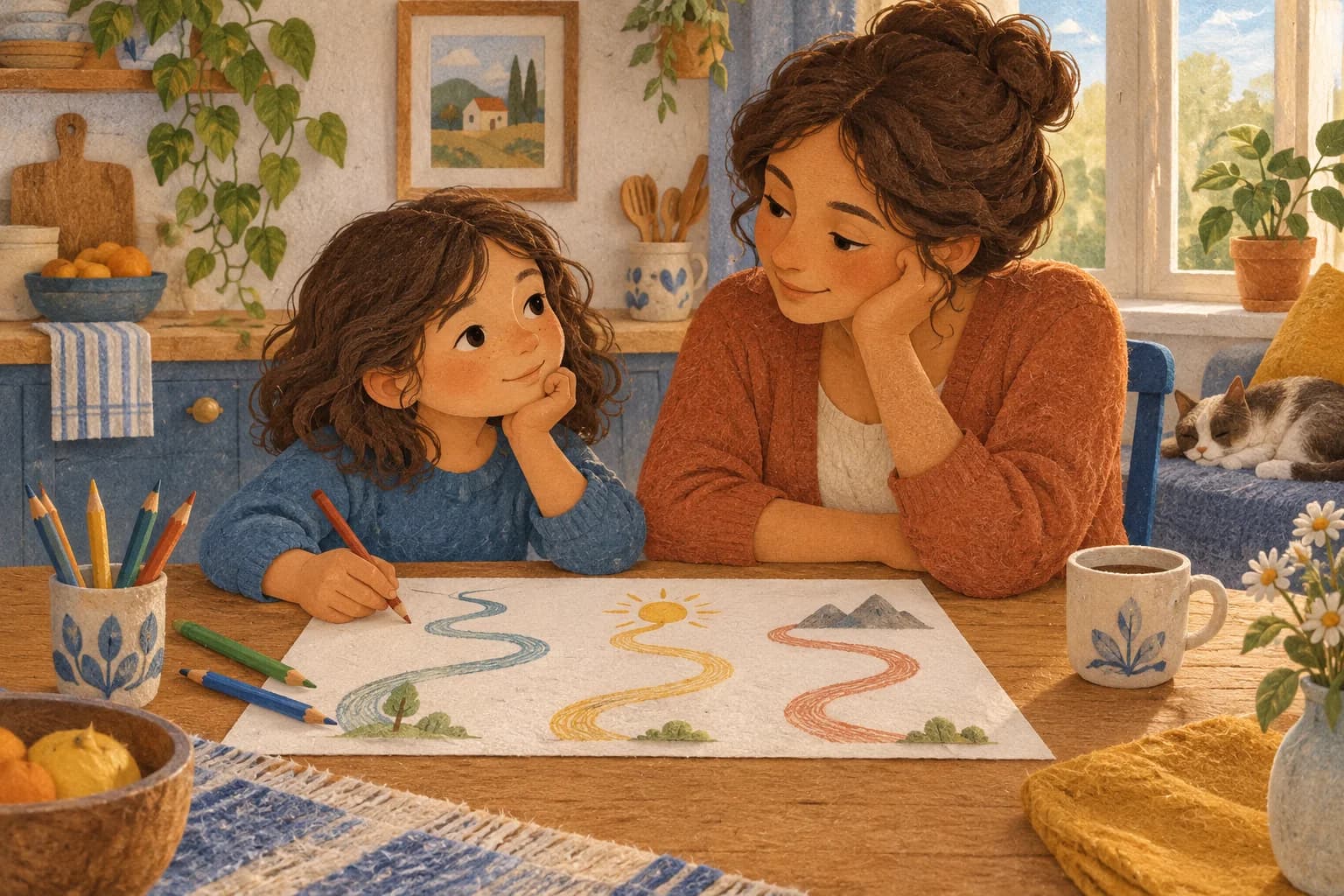 Un enfant dessine à une table pendant que sa mère l'écoute avec attention.