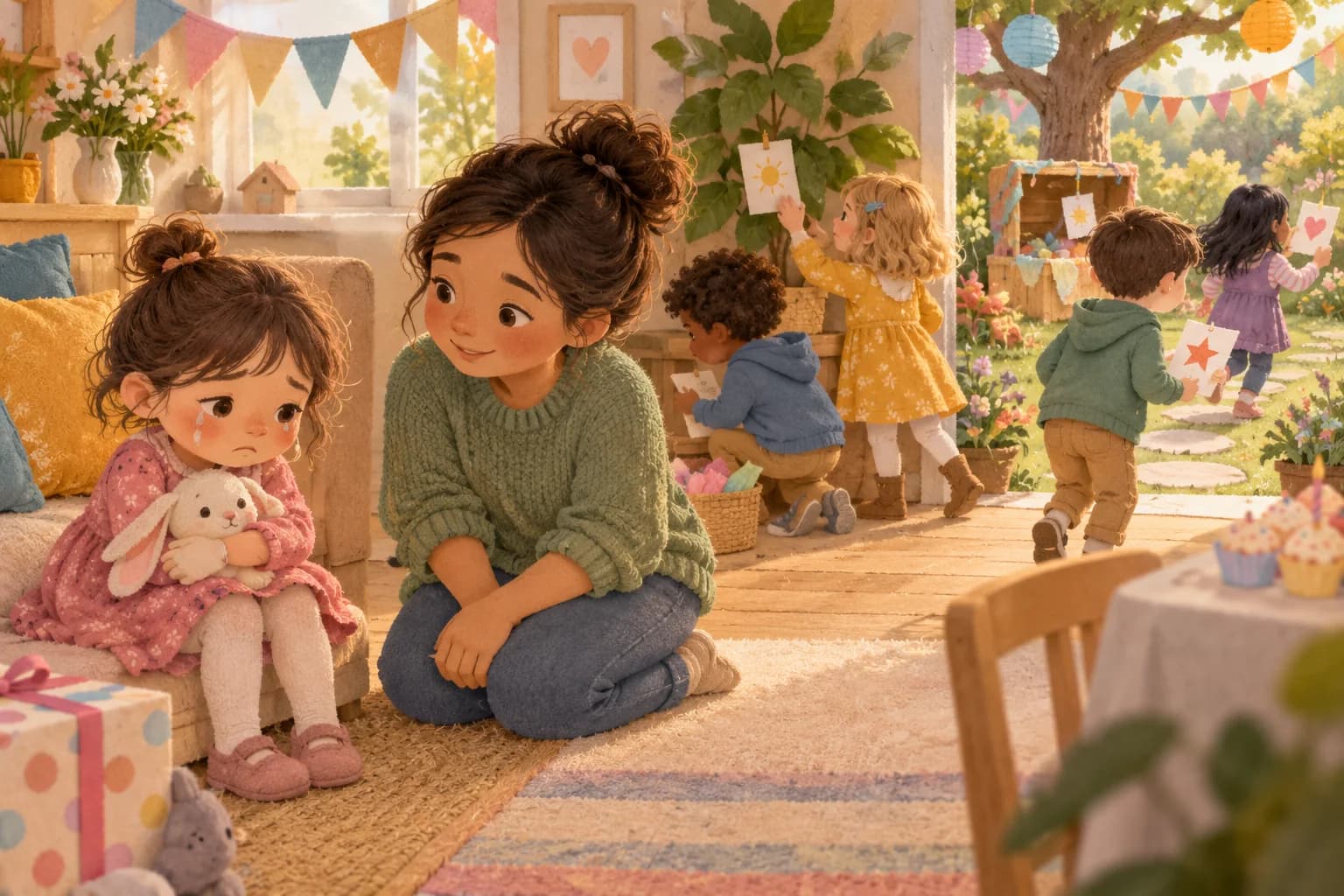 Un adulte écoute un enfant déçu pendant que les autres commencent un jeu d'anniversaire.
