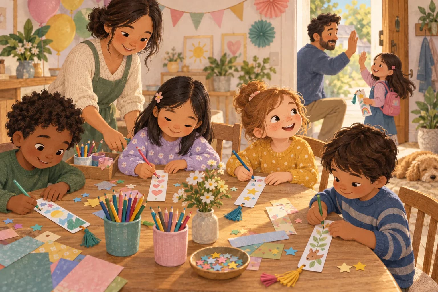Des enfants décorent des marque-pages à emporter en souvenir d’un anniversaire.