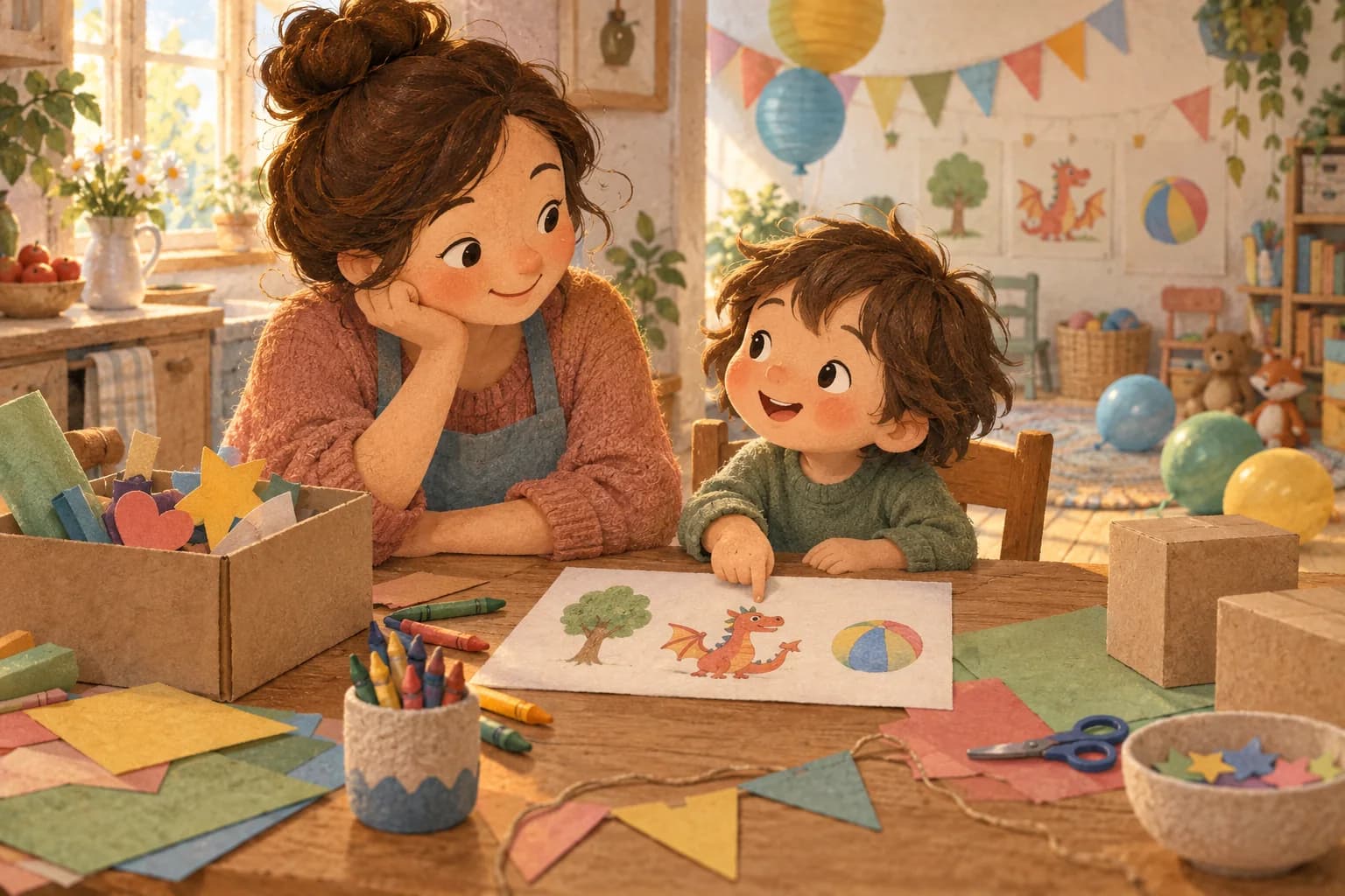 Une mère et son enfant dessinent des idées pour un anniversaire simple autour d'une table.