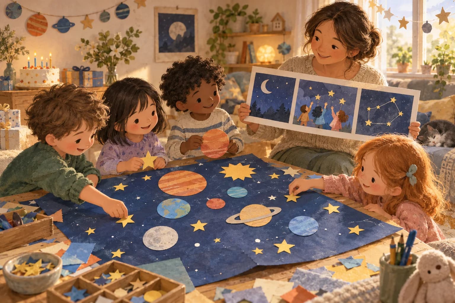 Des enfants assemblent un ciel en papier pendant qu’une mère montre les trois images de leur aventure.