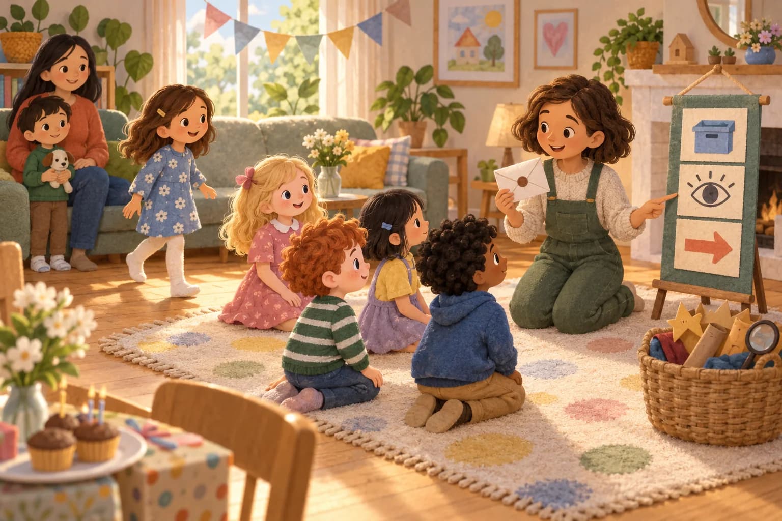 Des enfants rejoignent un tapis où un adulte montre le premier indice d'un jeu d'anniversaire.