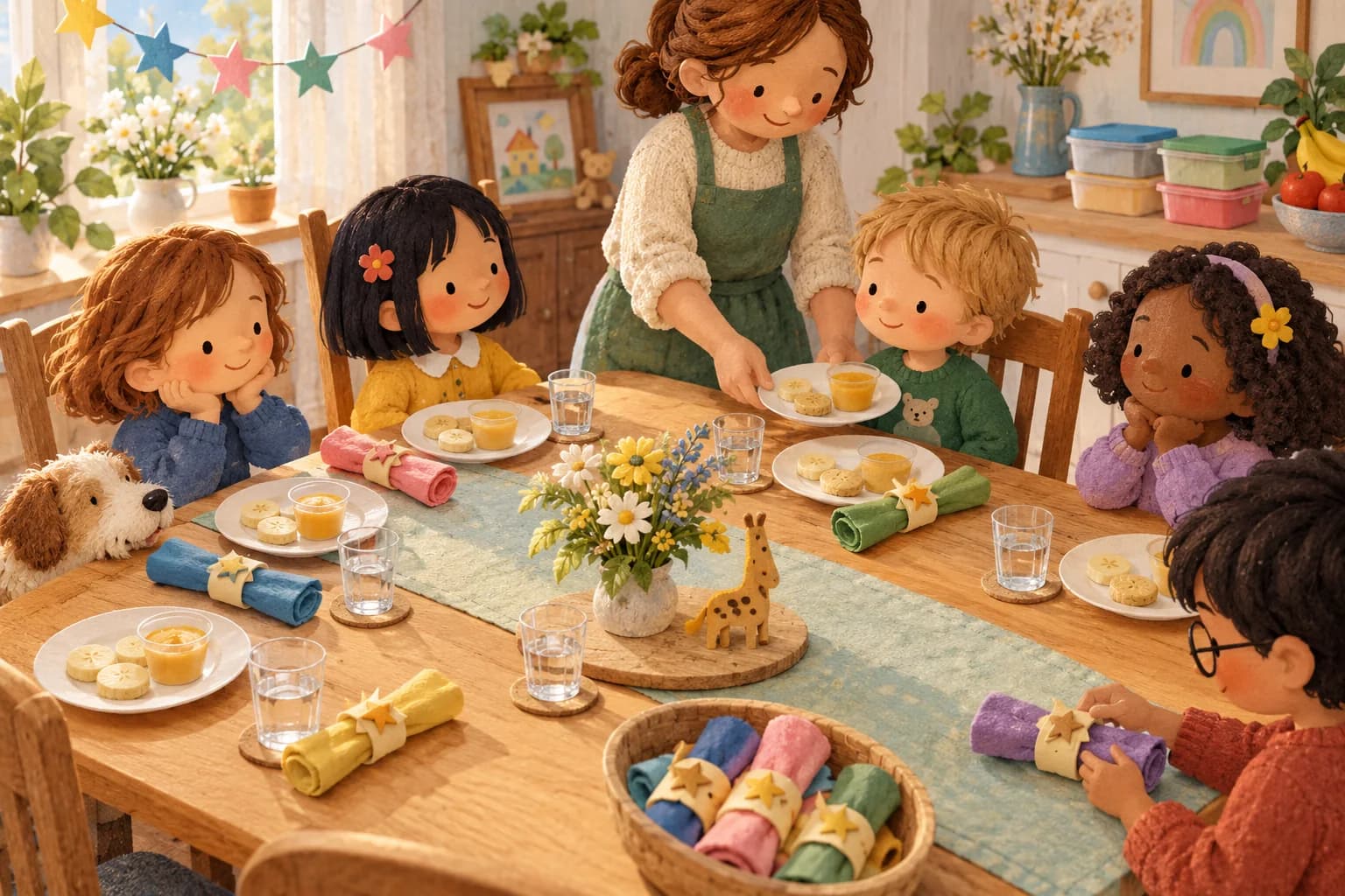 Un adulte sert le goûter d’anniversaire pendant qu’un enfant dispose des serviettes décorées sur la table.