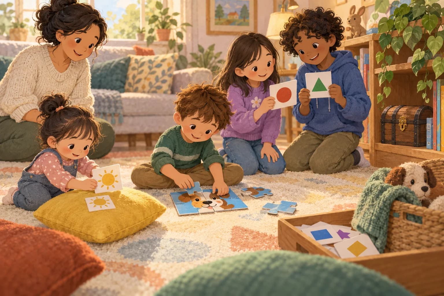 Des enfants d'âges différents cherchent un trésor avec des images, un puzzle et des cartes à formes colorées.