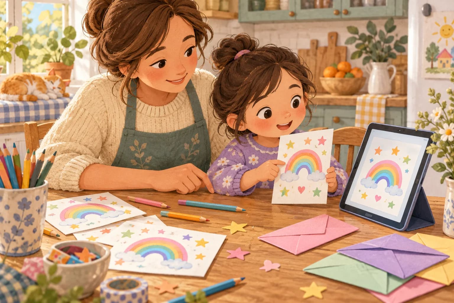 Un enfant et sa mère comparent une invitation papier et sa version sur tablette.