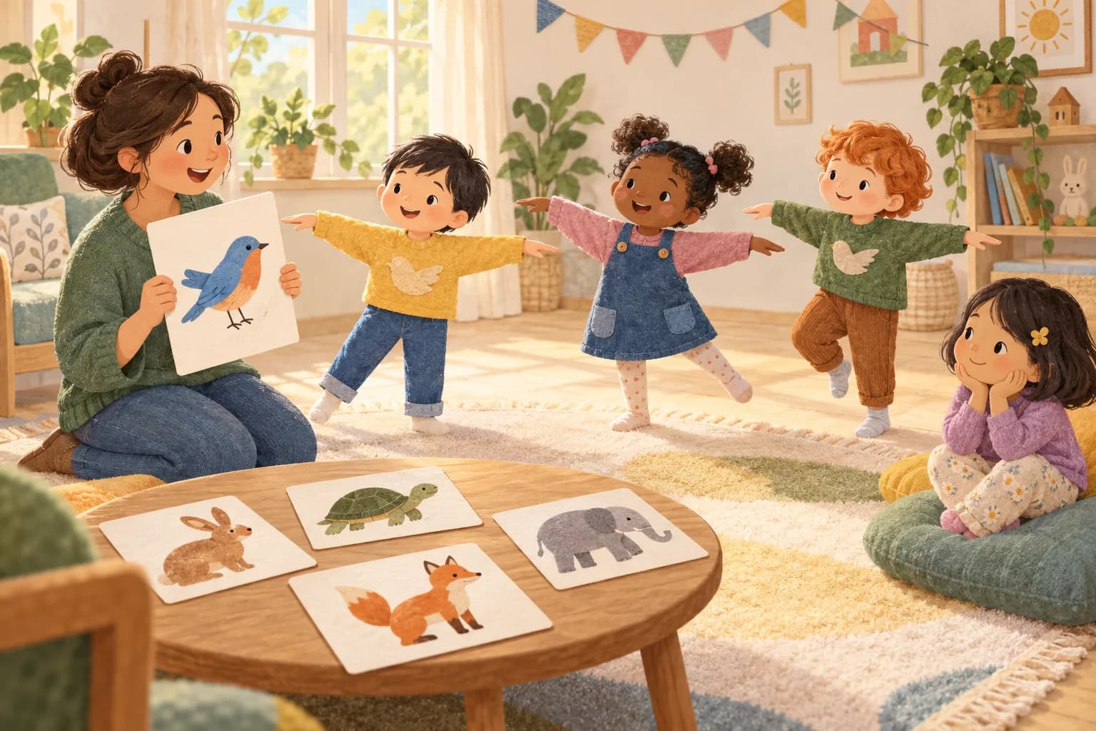 Des enfants imitent un oiseau avec un adulte lors d’un jeu d’anniversaire sans élimination.