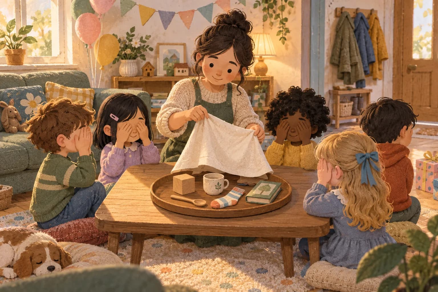 Des enfants jouent à retrouver un objet disparu autour d’un plateau, dans un salon décoré pour un anniversaire.