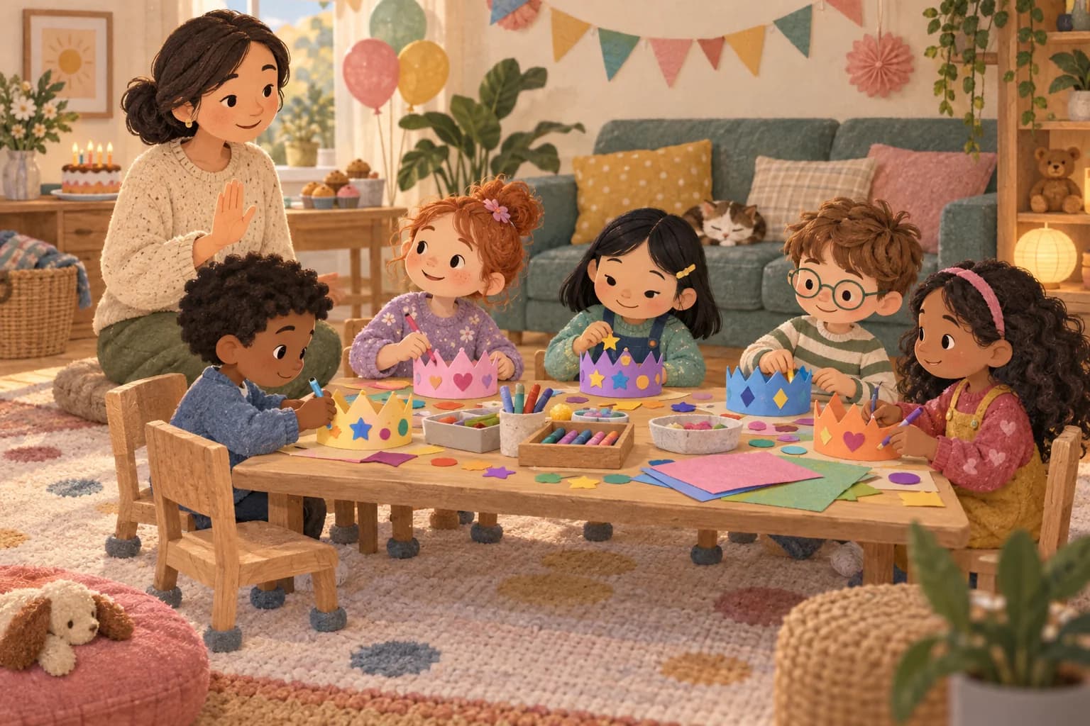 Des enfants décorent des couronnes autour d’une table pendant un anniversaire calme en appartement.