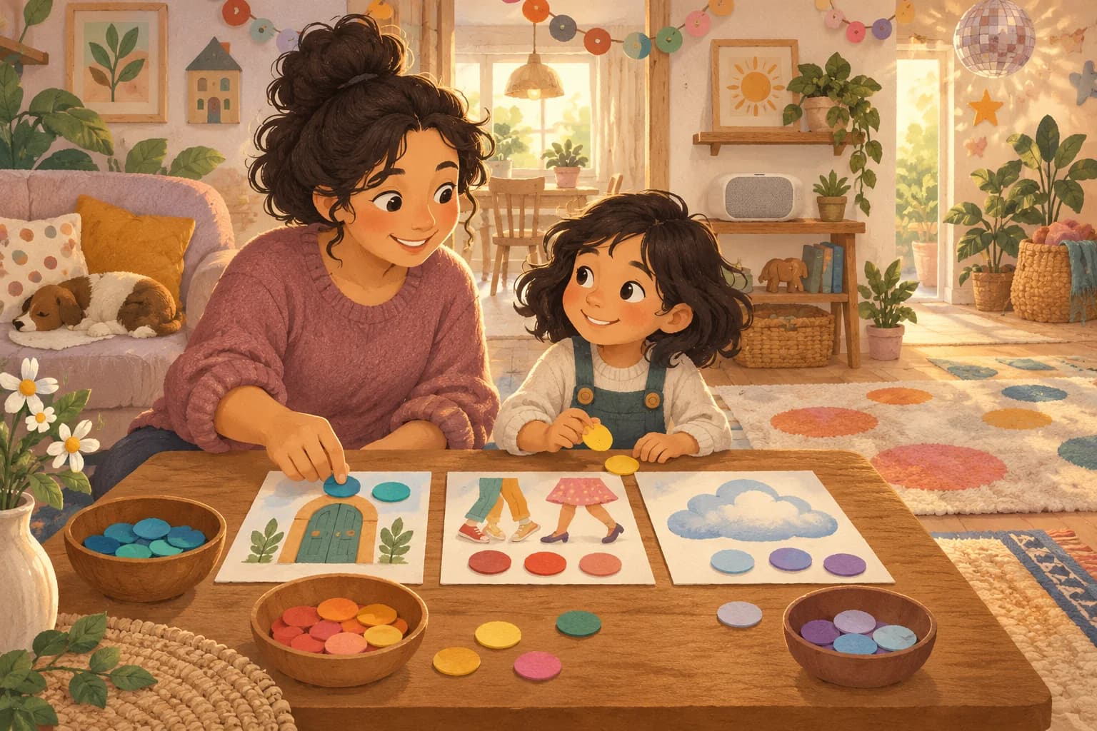 Une mère et son enfant préparent une playlist avec des jetons et des dessins représentant les moments de la fête.