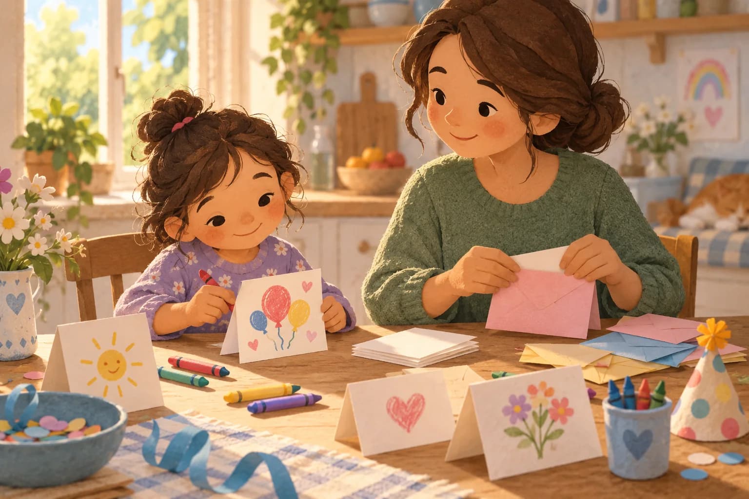 Un enfant et sa maman préparent des cartes de remerciement avec des dessins et des crayons.