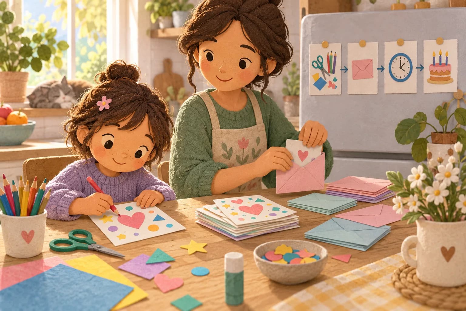 Un enfant et sa maman préparent des invitations près d’un calendrier illustré des préparatifs.