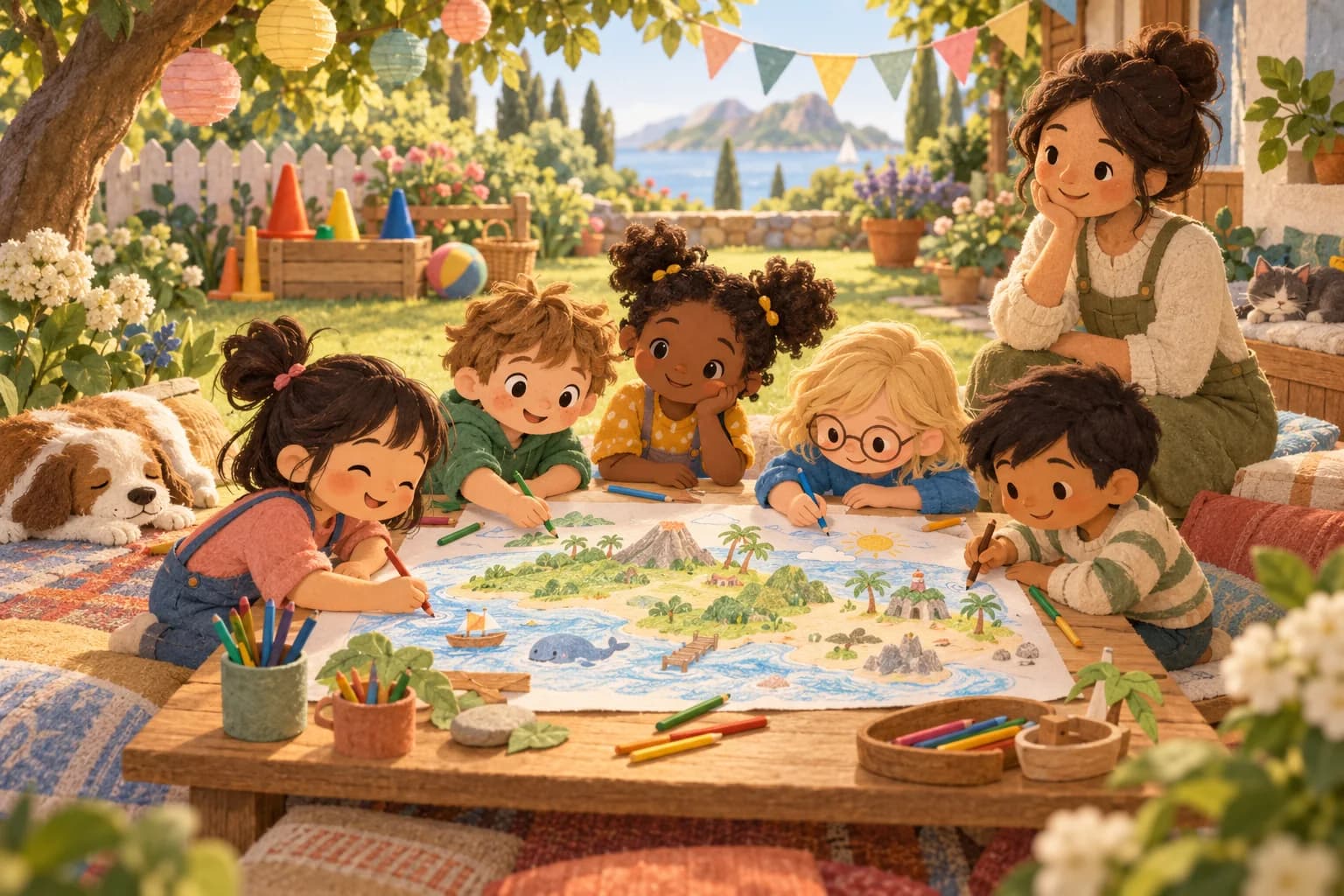 Des enfants dessinent ensemble une île imaginaire après un jeu sportif, avec un adulte à proximité.