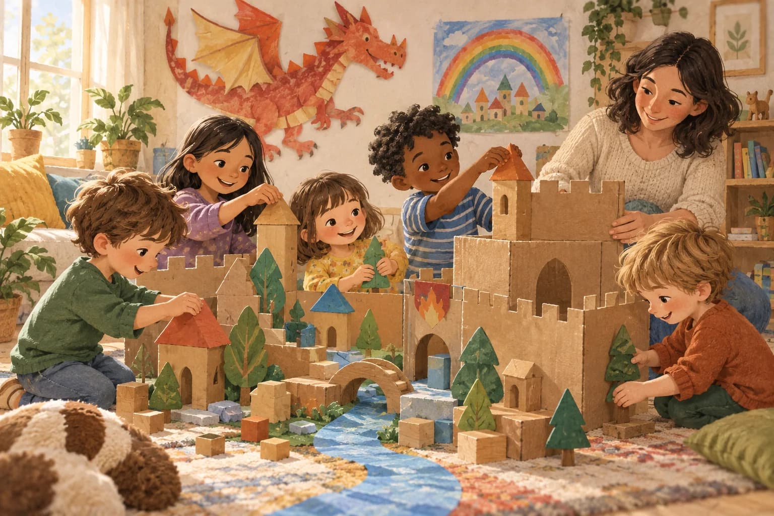Des enfants en vêtements habituels construisent un village de dragons en carton pour un anniversaire.