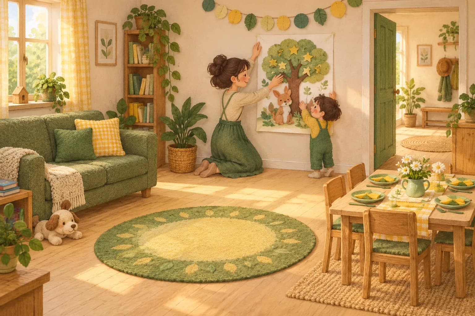 Une mère et son enfant décorent un salon dégagé, avec un espace de jeu, une table de fête et un coin calme.