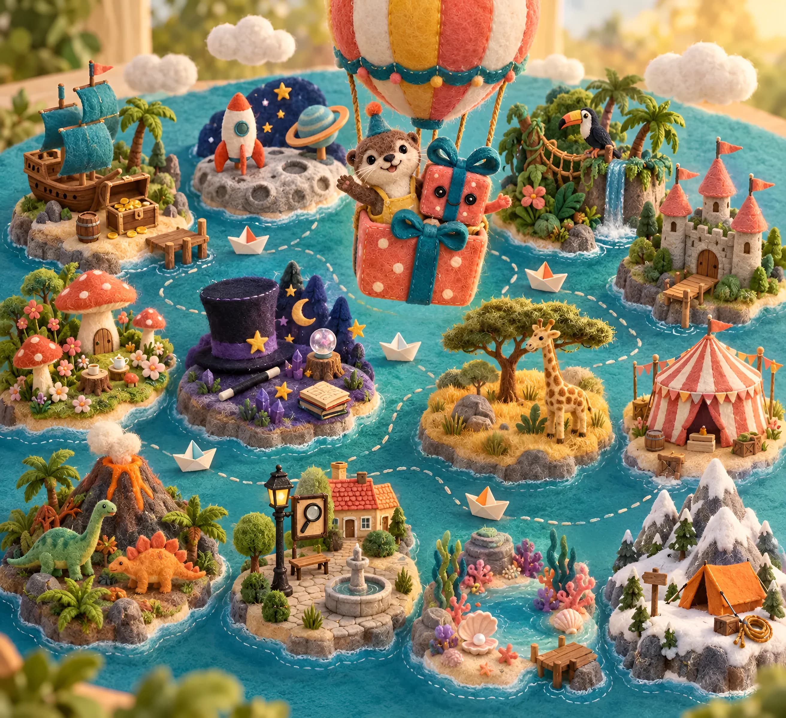 L’archipel des fêtes : douze îles en feutrine, une par thème d’anniversaire, et Clapotis en montgolfière