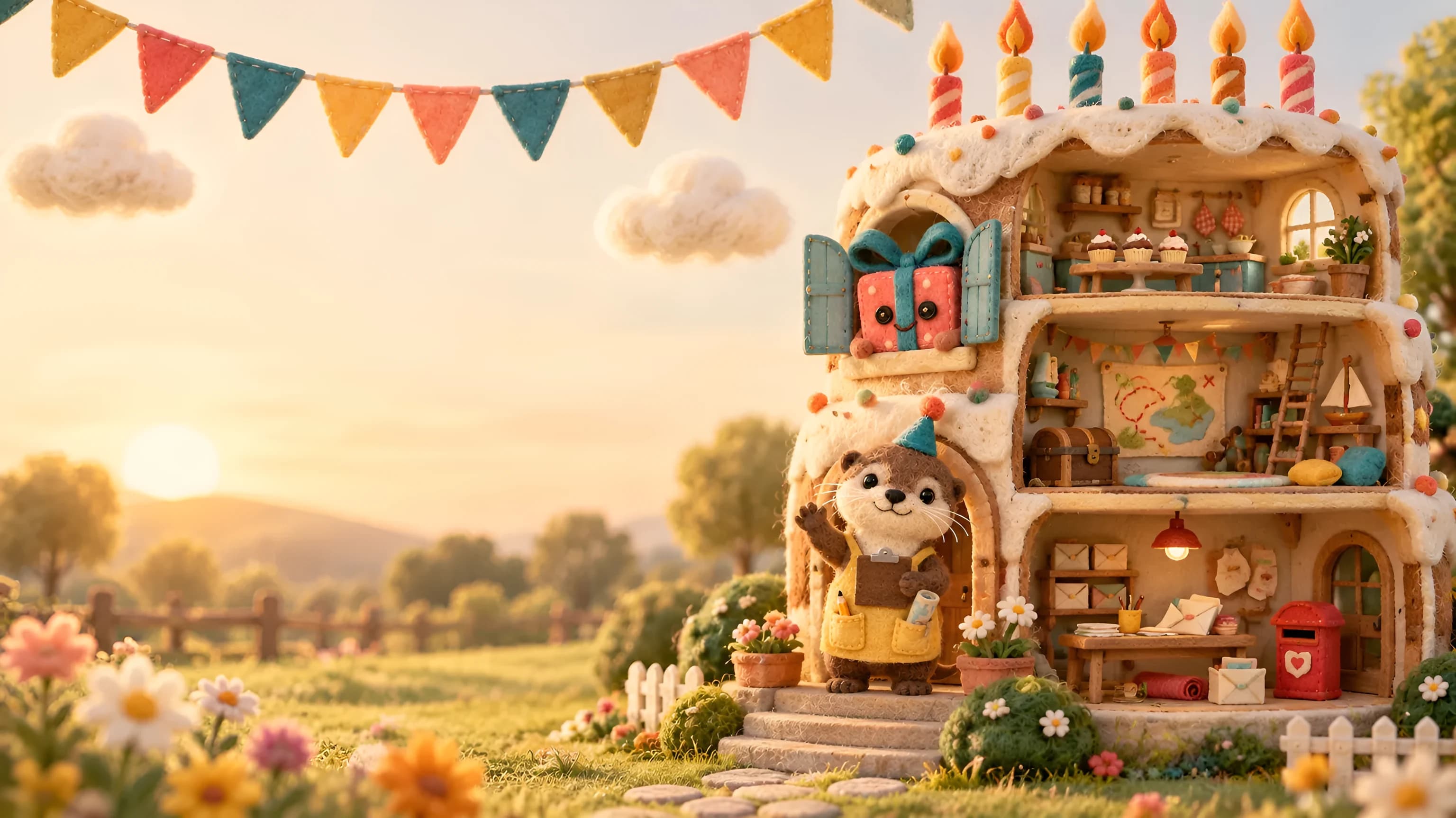 La maison-gâteau d’Anniforia en feutrine : la cuisine du goûter, la salle des jeux et l’atelier des invitations, avec Clapotis la loutre sur le perron et Paquetou à la fenêtre
