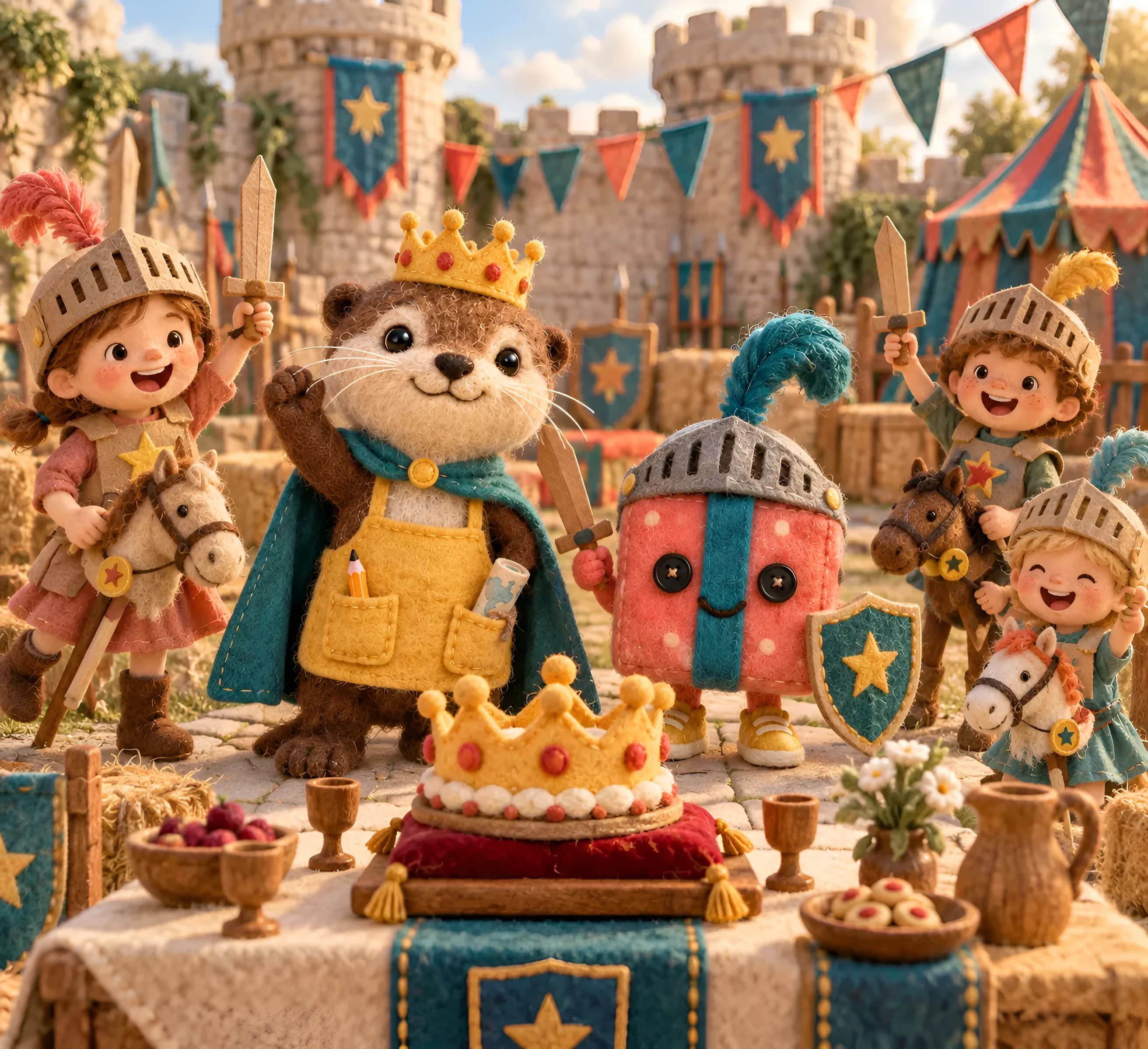 Clapotis la loutre et Paquetou la boîte-cadeau dans un décor en feutrine : chevaliers et château