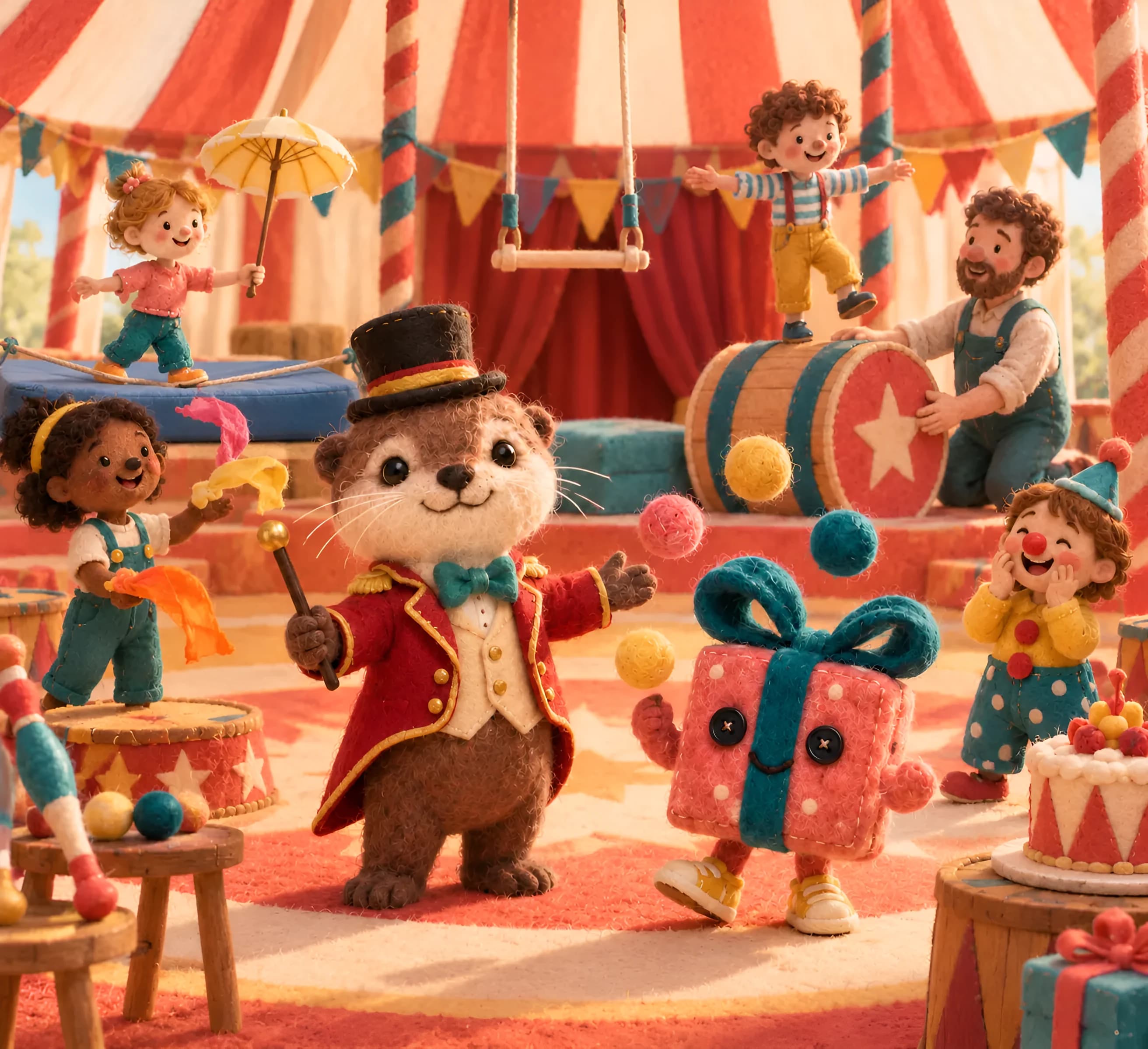 Clapotis la loutre et Paquetou la boîte-cadeau dans un décor en feutrine : cirque