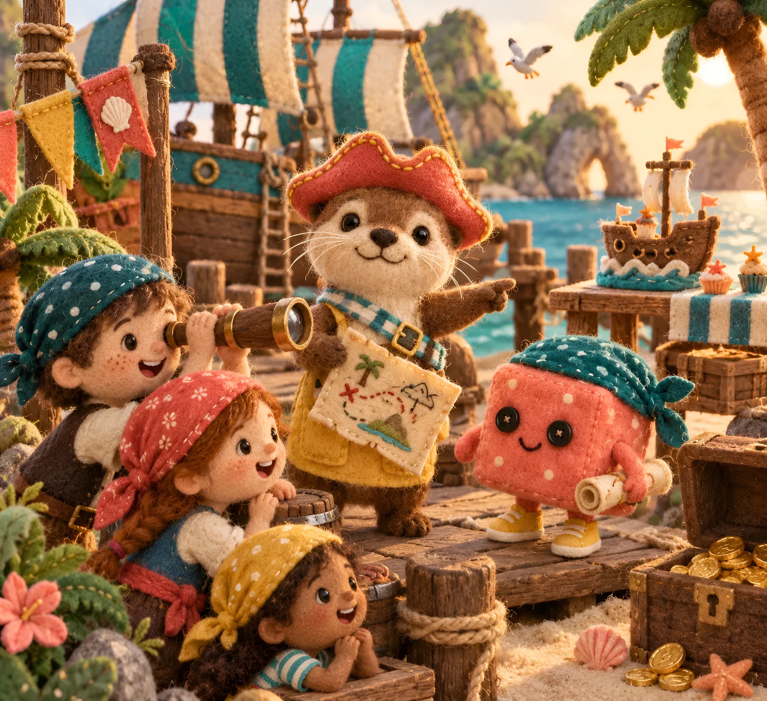 Clapotis la loutre et Paquetou la boîte-cadeau dans un décor en feutrine : pirates
