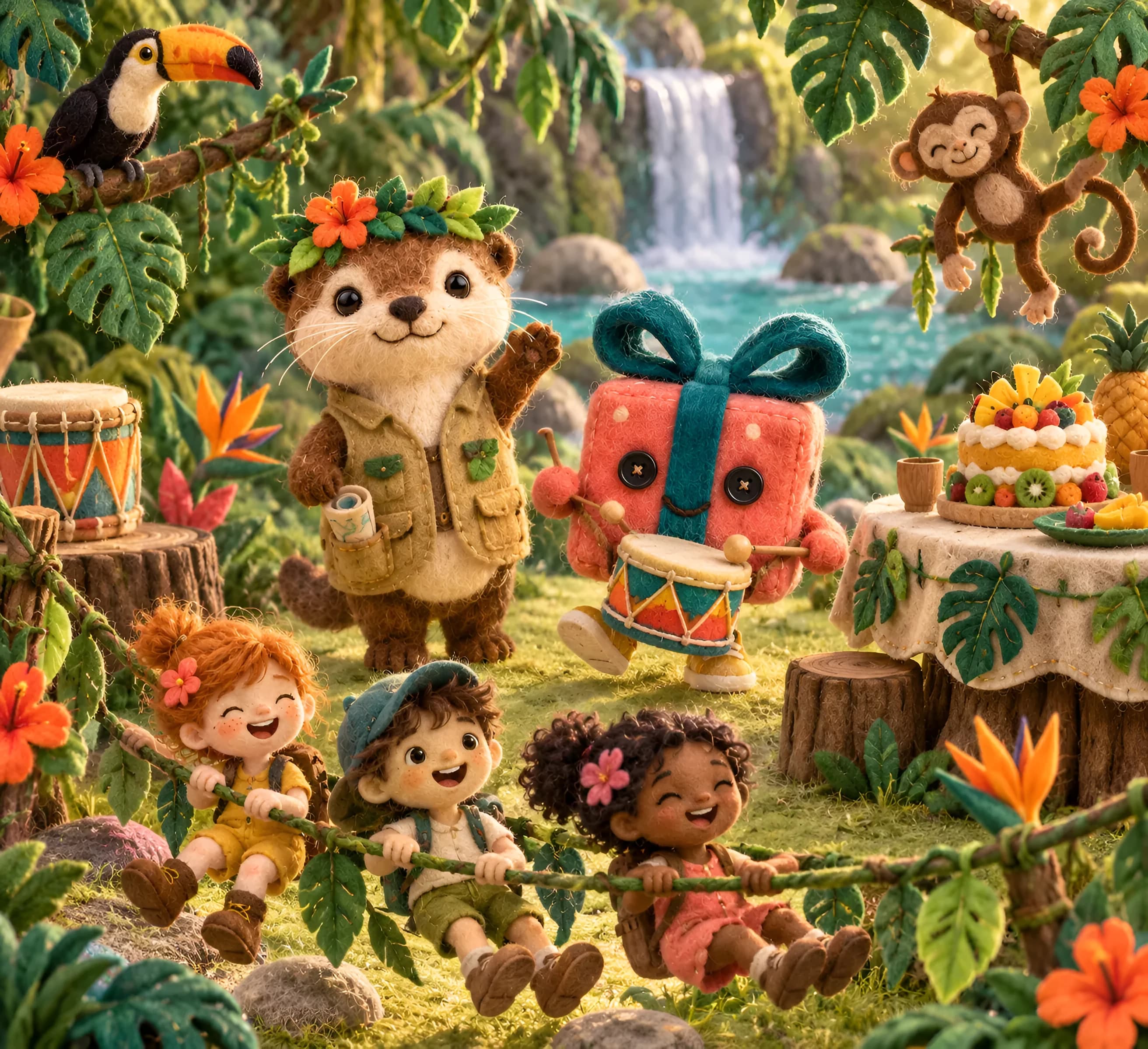 Clapotis la loutre et Paquetou la boîte-cadeau dans un décor en feutrine : jungle