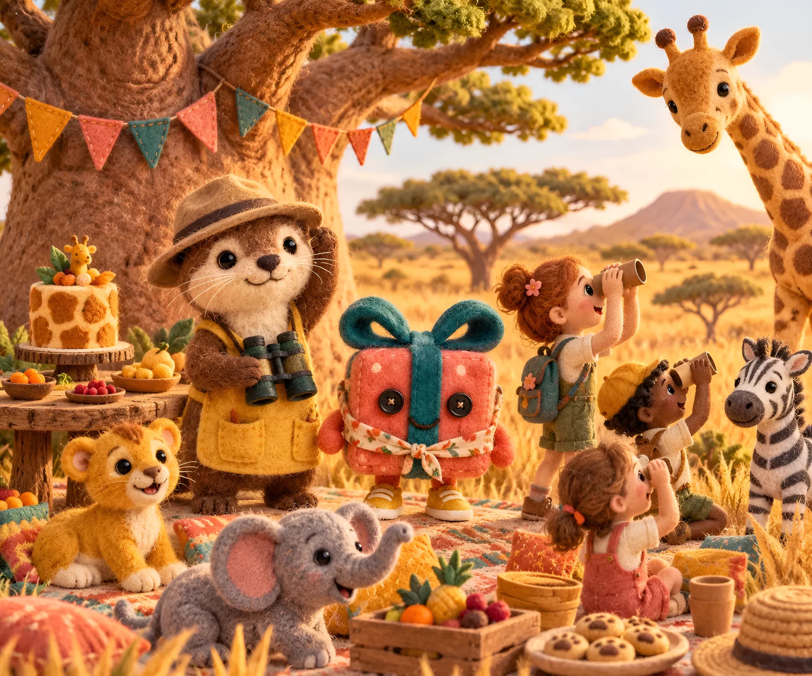 Clapotis la loutre et Paquetou la boîte-cadeau dans un décor en feutrine : savane et safari