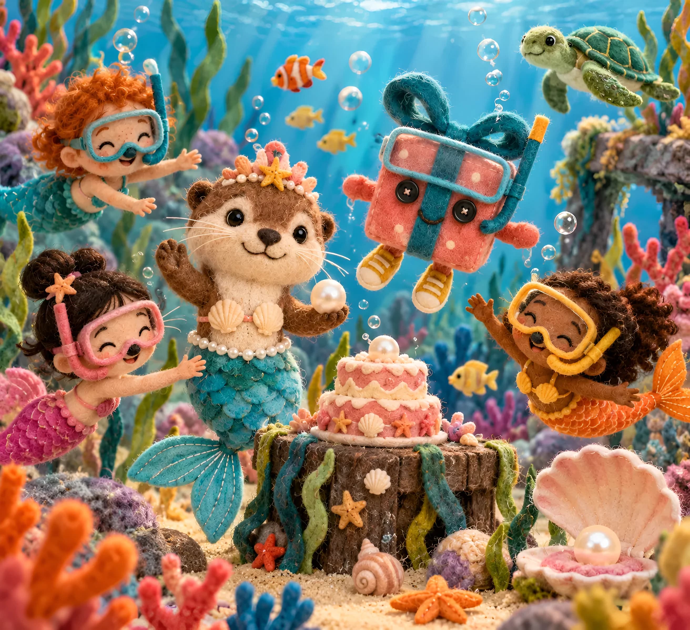 Clapotis la loutre et Paquetou la boîte-cadeau dans un décor en feutrine : sirènes et fonds marins