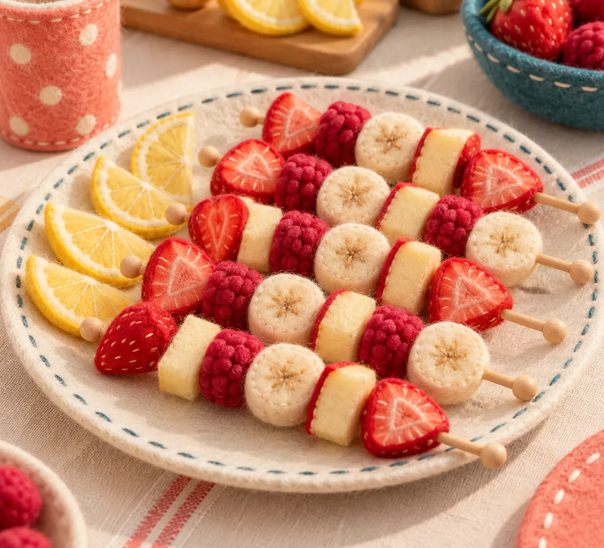 Illustration en feutrine : brochettes de fruits arc-en-ciel