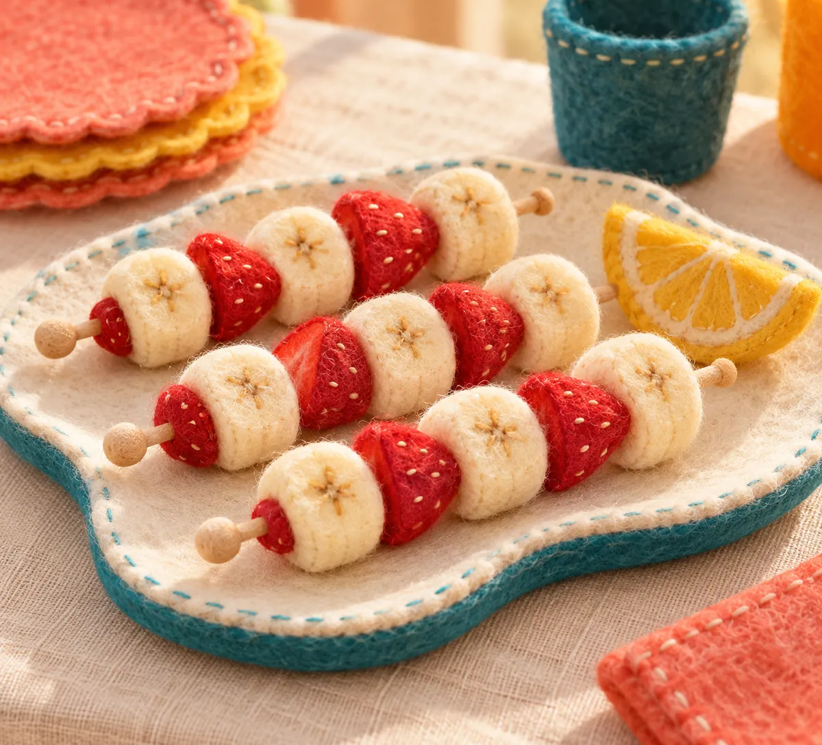 Illustration en feutrine : brochettes de fruits île au trésor