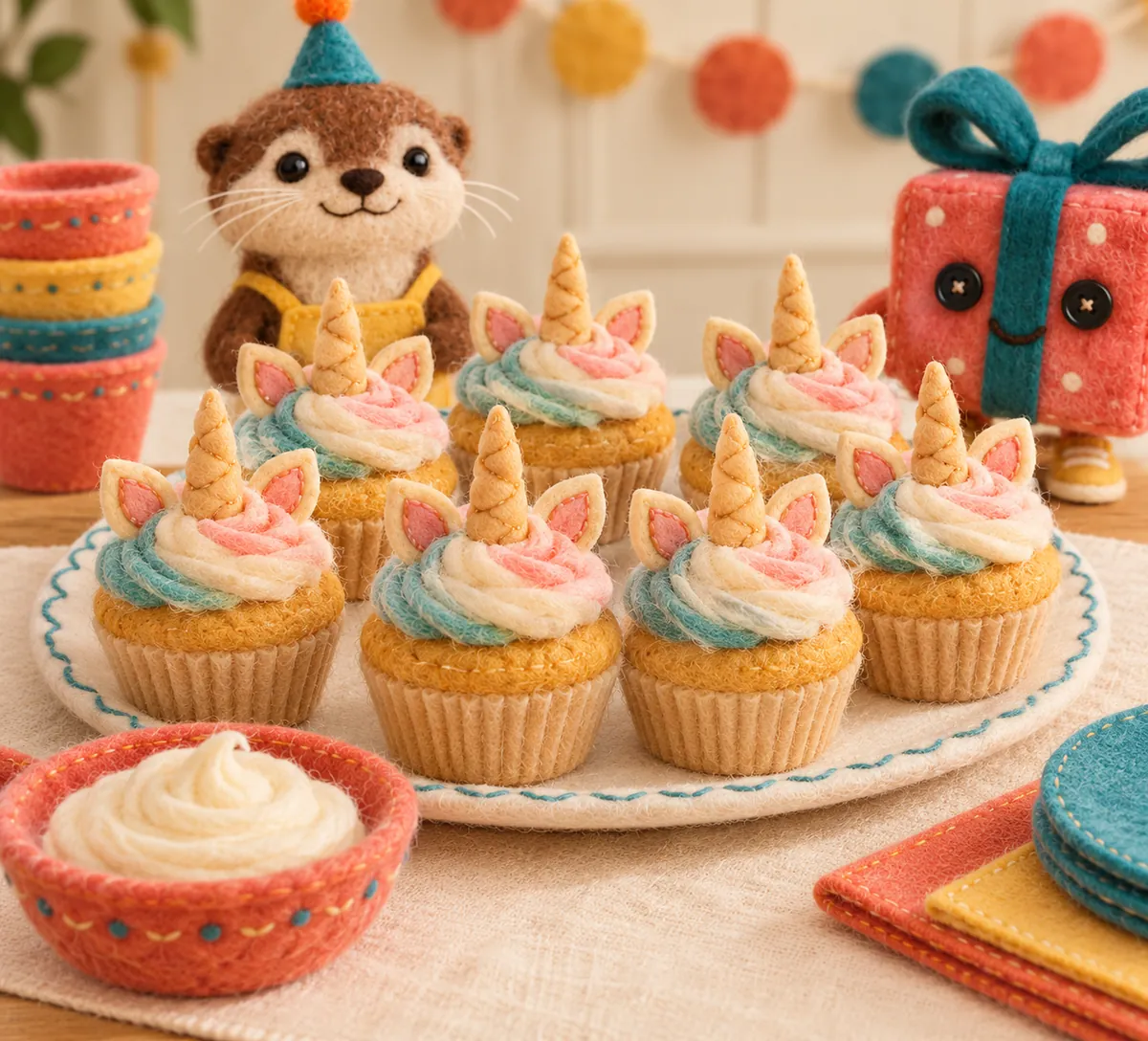Illustration en feutrine : cupcakes licorne à la crème colorée
