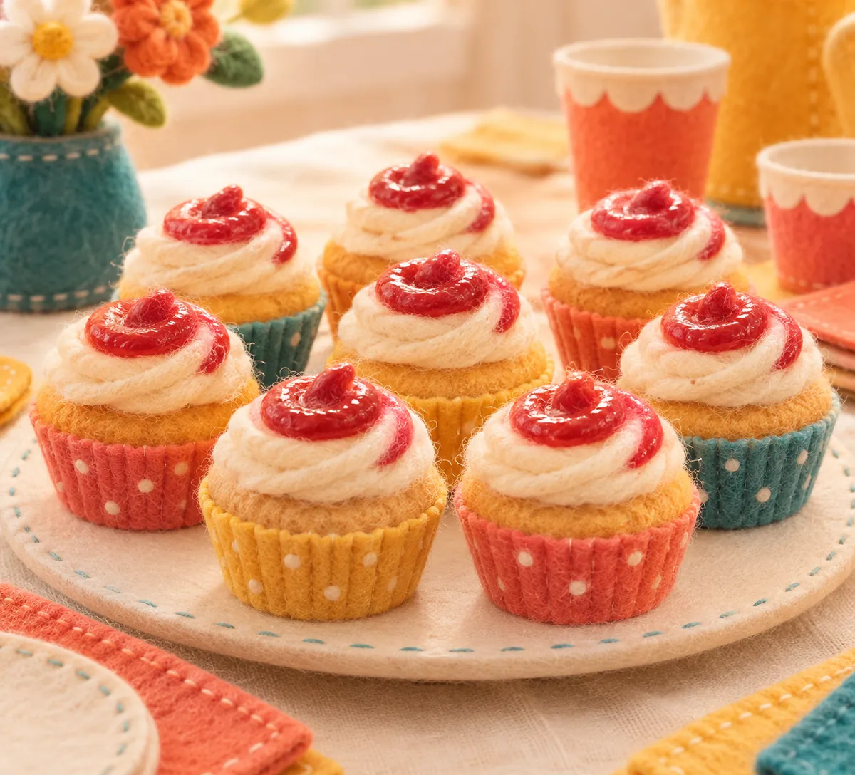 Illustration en feutrine : cupcakes vanille à décorer ensemble