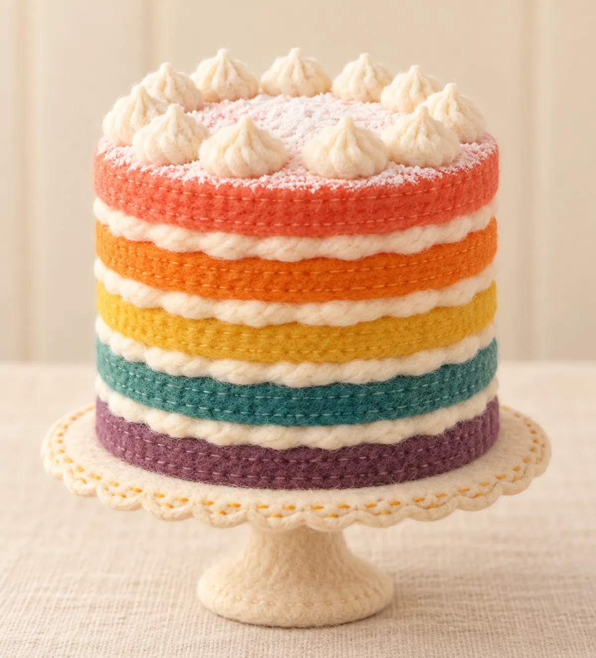 Illustration en feutrine : gâteau arc-en-ciel à étages colorés