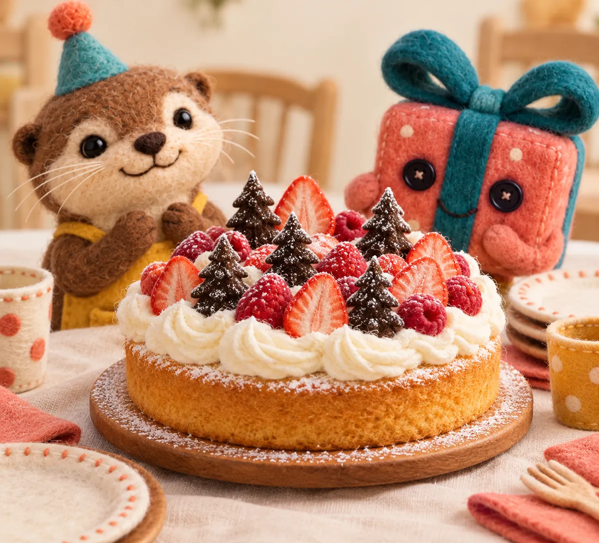 Illustration en feutrine : gâteau forêt enchantée aux fruits rouges